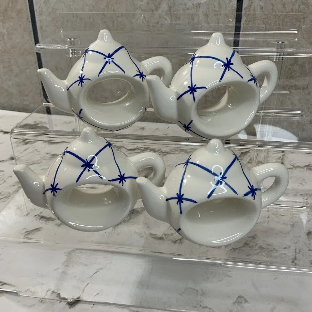 Ceramic Hand Painted White/Blue Teapot Napkin Rings‎ Dinnerware